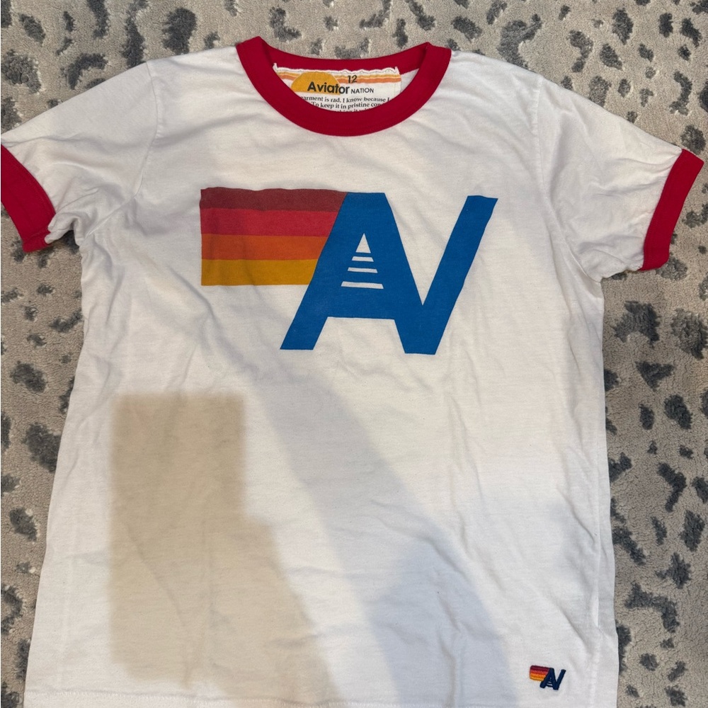 Aviator Nation Kids White Tee with Red Trim and Blue Logo
